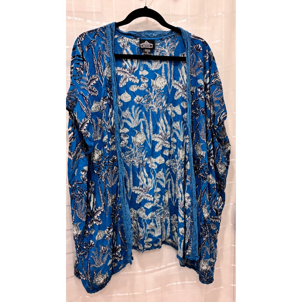 Angie Blue Coastal Sea Life Fish Print Crochet Trim Open Front Kimono Small